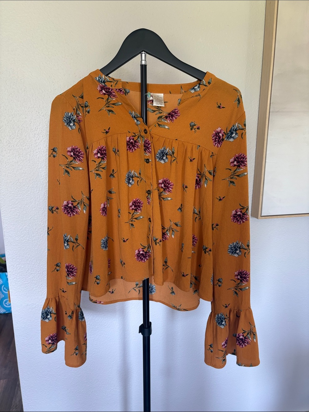 Mustard Floral Button-Front Women's Blouse